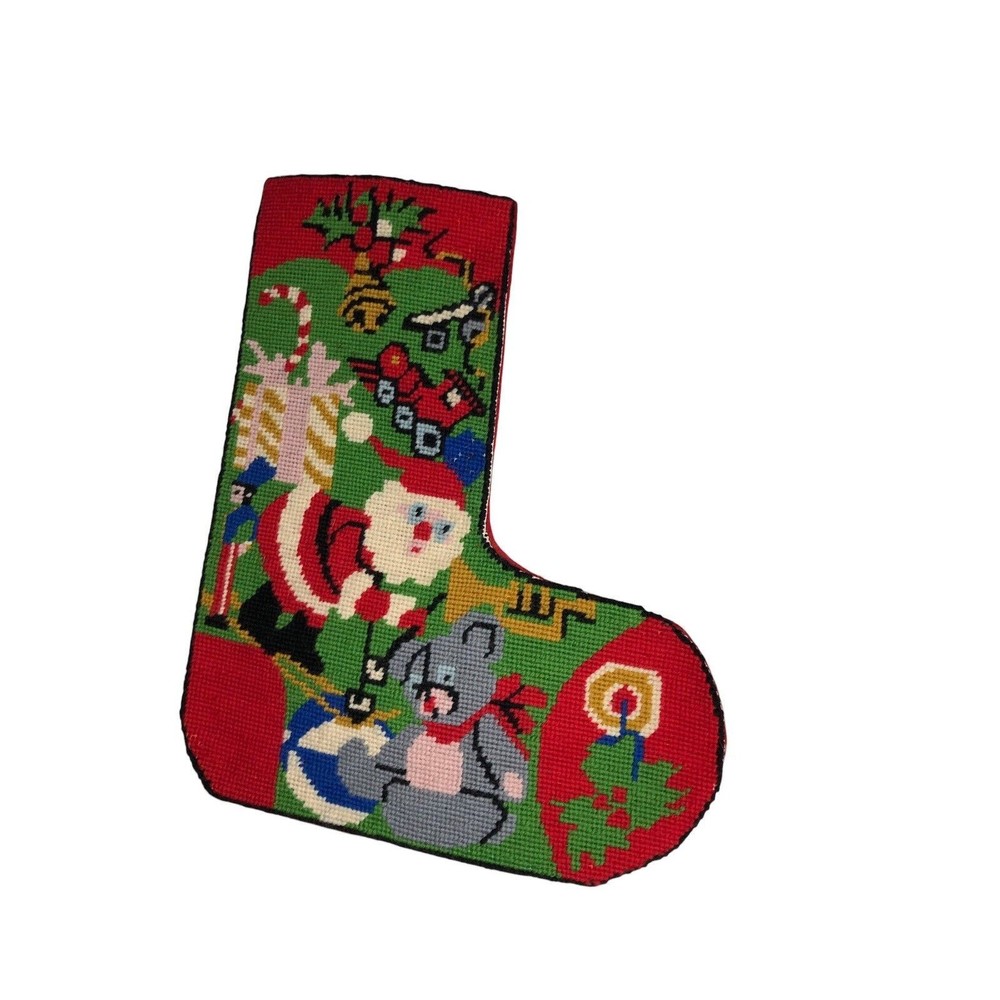 Vintage Needlepoint Christmas Stocking Santa Skiing With Toys Handmade 14”